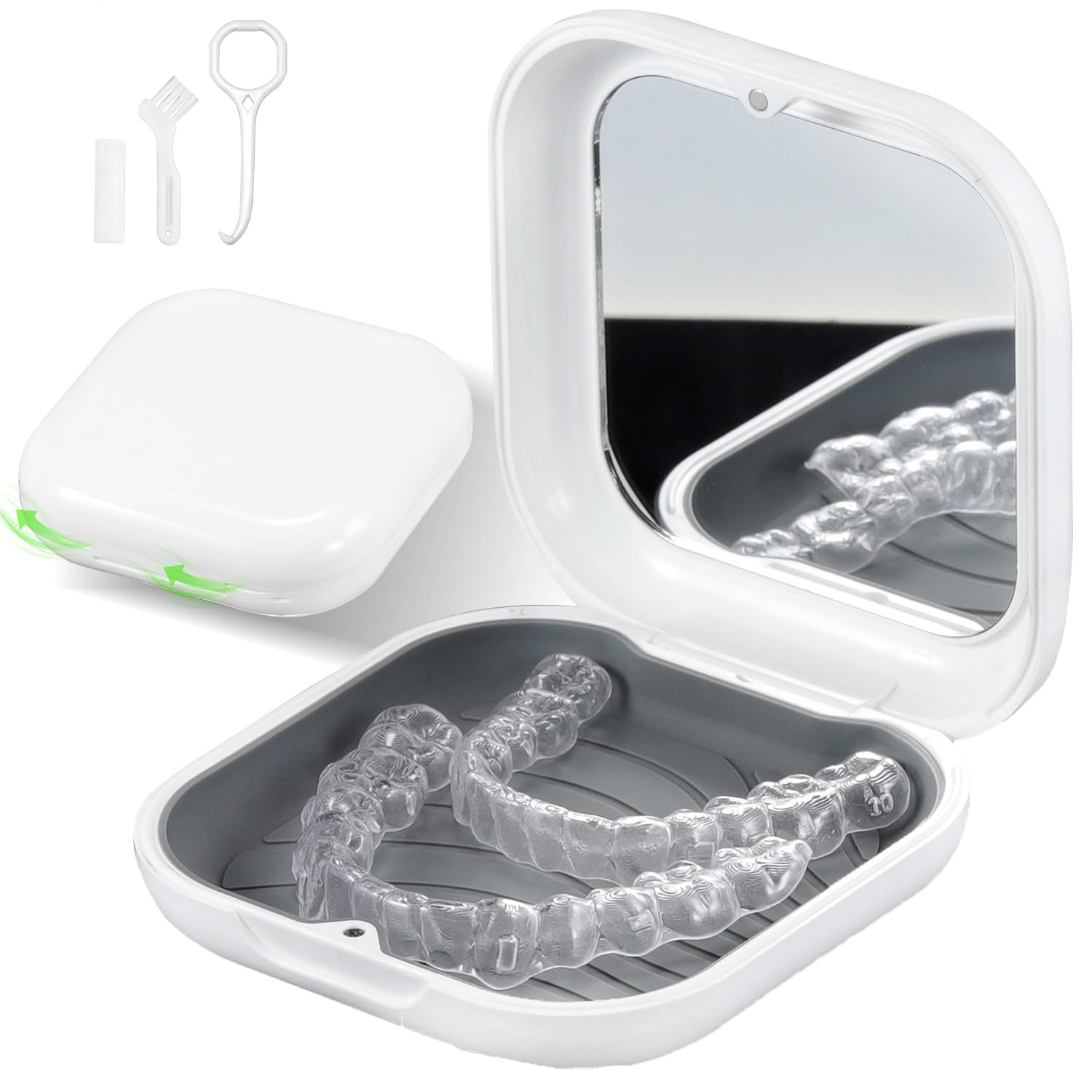 Clear dental retainers in a white case with a mirror on a white background