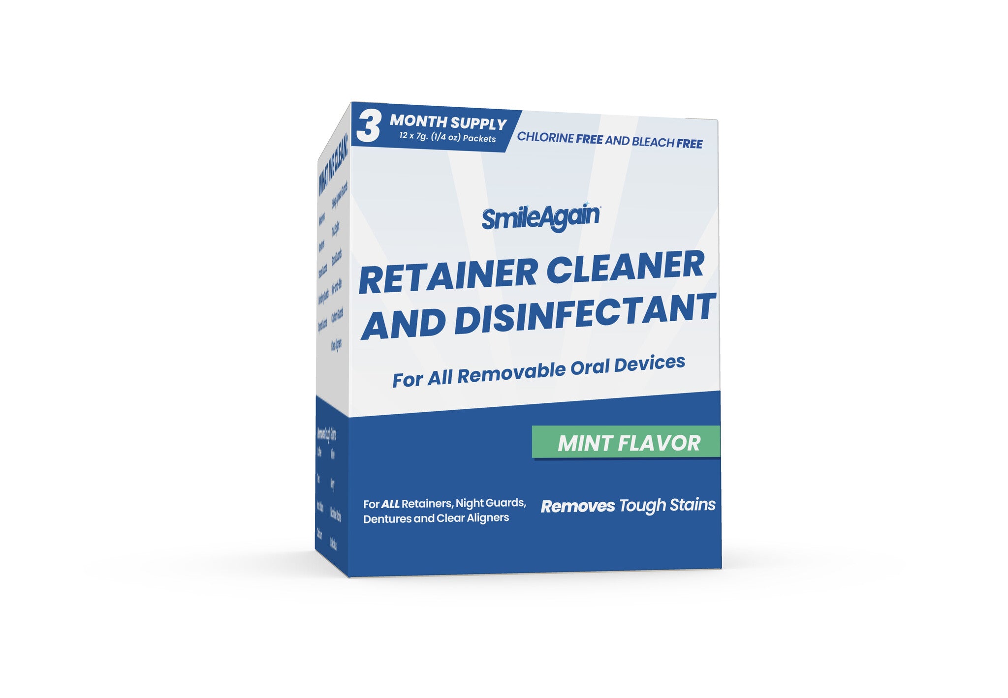 A box of SmileAgain Retainer Cleaner and Disinfectant with mint flavor, indicating it is used for cleaning all removable oral devices.